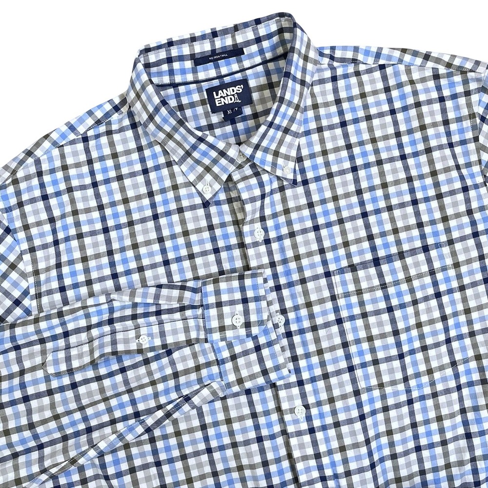 Lands End No Iron Twill Shirt Mens XL/T Blue Plaid Button Down Traditional Fit